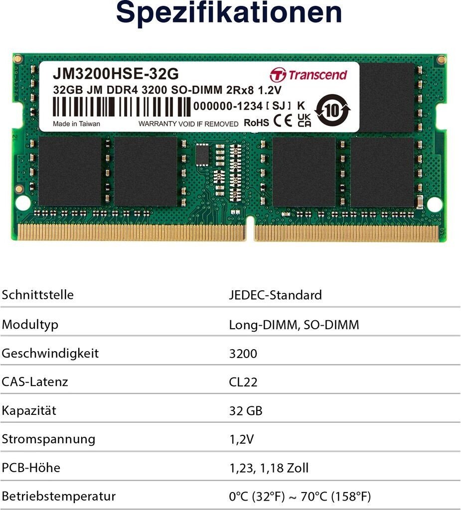 RAM Transcend 32 Go DDR4 3200 MHz Laptop